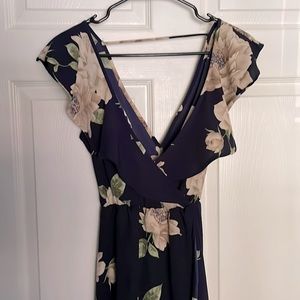 High low navy blue dress with tan/beige flowers